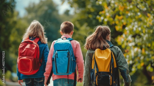 Back view of four kids with colorful backpacks walking outdoors, symbolizing education, friendship, and carefree youth