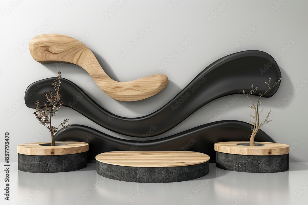3d abstract minimal geometric shape composition, black and wooden podium for product presentation. 3d abstract minimal geometric shape composition, black and wooden podium for product presentation.