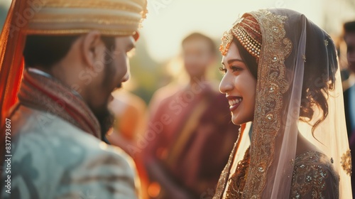 Traditional Indian bride and groom facing away from the camera, highlighting cultural wedding attire and celebration © nopommajun