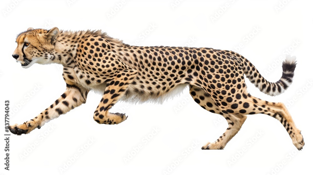 A cheetah in mid-air, head turned sideways, and tail lifted high A cheetah in mid-air, head turned sideways, and tail lifted high