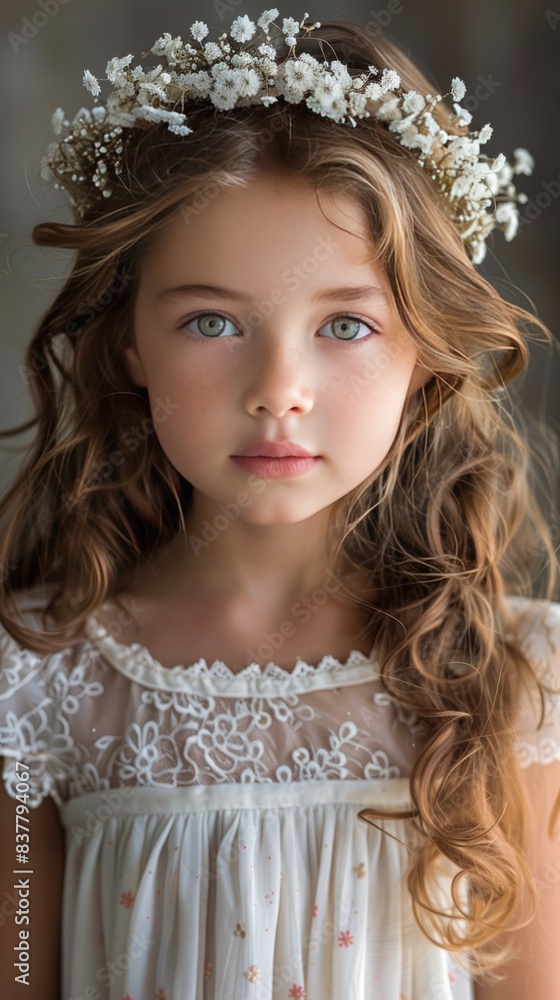 Fototapeta premium Young girl wearing a white spring dress and a flower wreath in her hair.