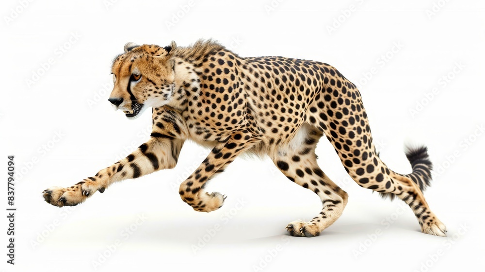 A cheetah runs on a white background, poised to pounce and bite a piece out of another cheetah A cheetah runs on a white background, poised to pounce and bite a piece out of another cheetah