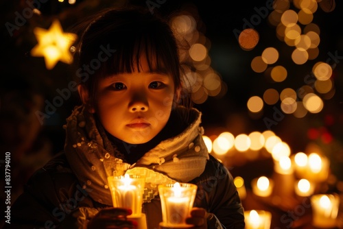 Child holds lit candle by Christmas tree © Sandu