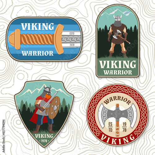 Set of viking warrior logos, badges, stickers. Vector illustration. For emblems, labels and patch. Patch design heraldic shield with a viking in helmet with crossed battle sword and axe