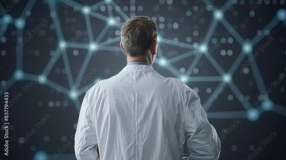 Fototapeta premium A man in a white shirt faces a background of interconnected lines and dots, forming a network