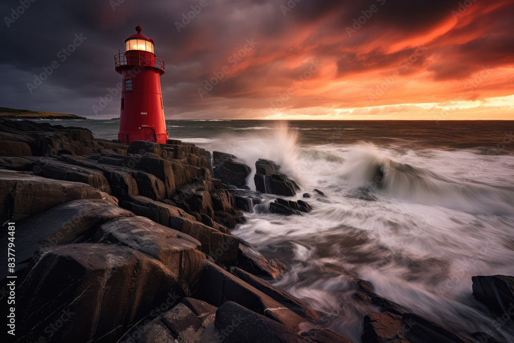 Obraz premium Majestic Lighthouse Overlooking Stormy Seas at Sunset