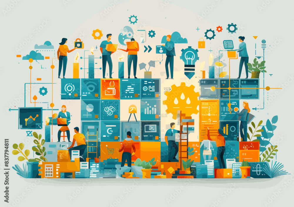 Naklejka premium Modern Web Development Team Collaboration, Minimalistic Vector Illustration, Creative Office Environment, Teamwork and Web Design Concept, Diverse Professionals Working, Technology and Innovation
