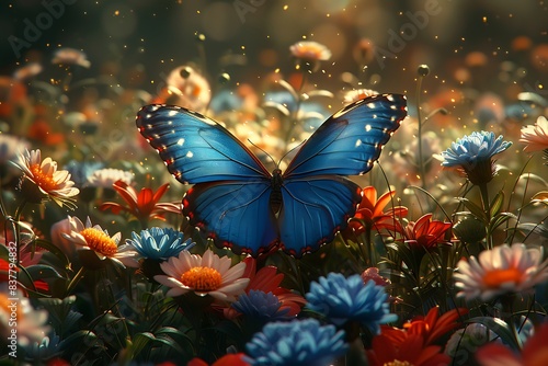 a blue butterfly sitting on top of a lush green field filled with red and white flowers on top of a lush green field. © MISHAL