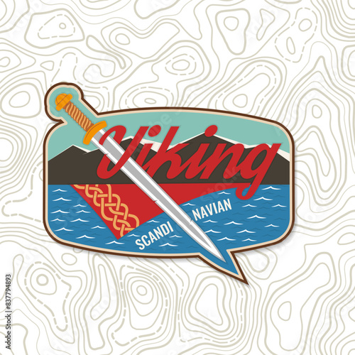 Viking warrior logo, badge, sticker. Vector. For emblems, labels and patch. Patch design heraldic shield with a viking battle sword, vintage monochrome style