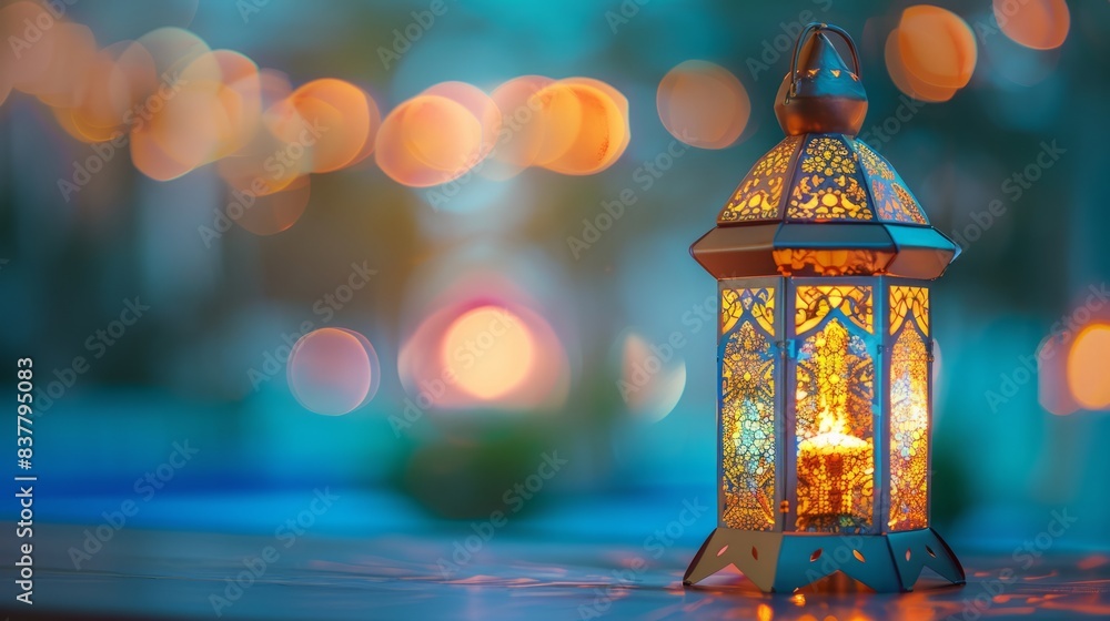 Celebration of islamic eid mubarak and eid al-adha with traditional lanterns illuminated against a light background Celebration of islamic eid mubarak and eid al-adha with traditional lanterns illuminated against a light background