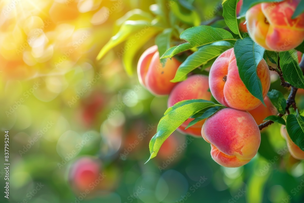 Mature peaches on tree in sunlight Mature peaches on tree in sunlight