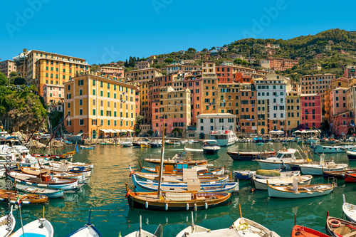 Boats and colorful housesin small town of Camogli  Italy.
