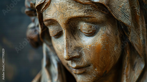 Artistic catholic sculpture of Mary, symbolizing faith, beauty, and purity, with a serene expression