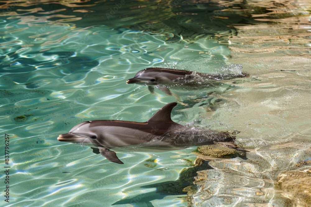 Obraz premium Dolphins swimming in shallow water.