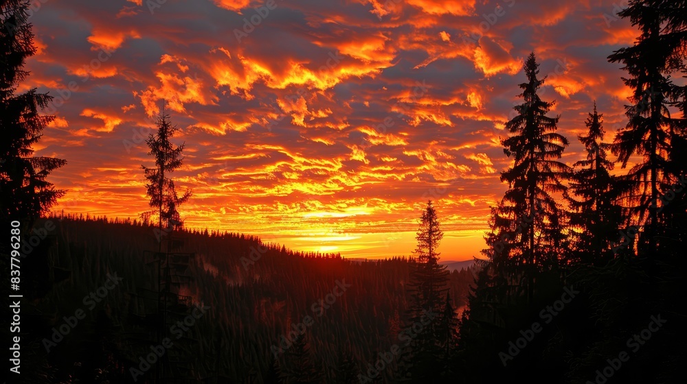  The sun sets behind a mountain, surrounded by trees in the background, while trees in the foreground lie beneath its radiance