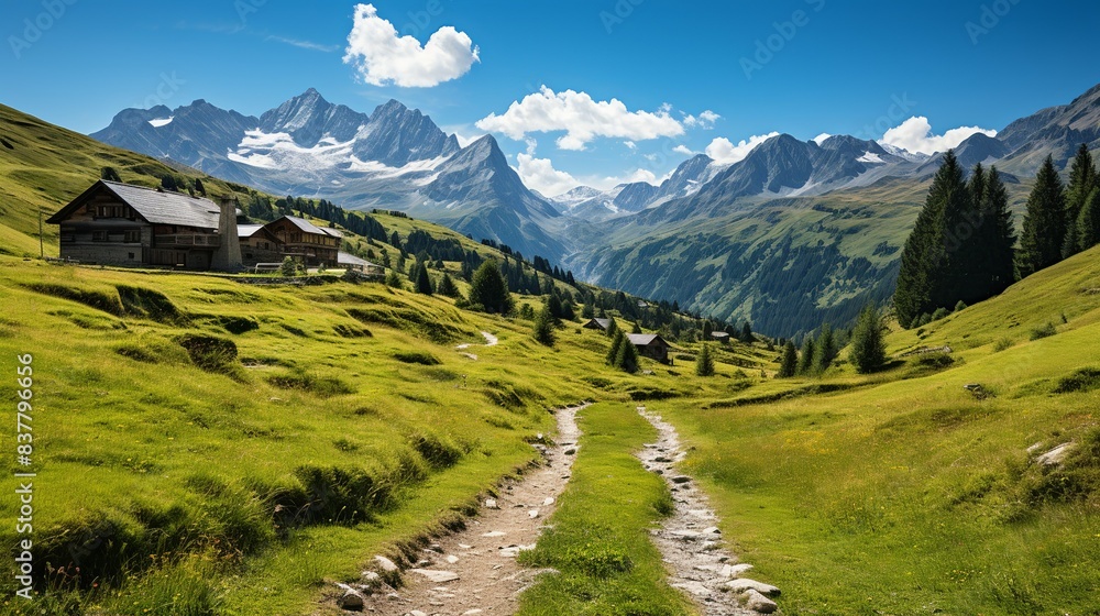 Fototapeta premium A beautiful alpine landscape with a charming wooden chalet nestled in the valley, surrounded by snow-capped mountains and lush green meadows. Minimal and Simple,