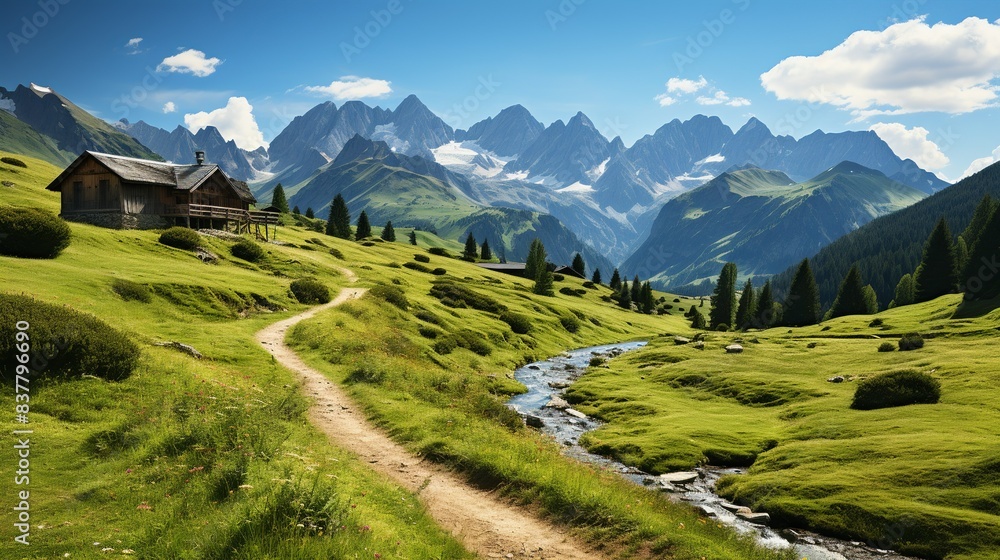 A beautiful alpine landscape with a charming wooden chalet nestled in the valley, surrounded by snow-capped mountains and lush green meadows. Minimal and Simple,