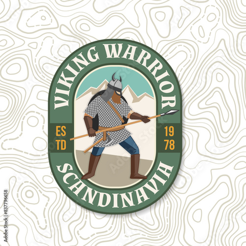 Viking warrior logo, badge, sticker. Vector illustration. For emblems, labels and patch. Patch design heraldic shield with a viking in helmet with spear and round shield