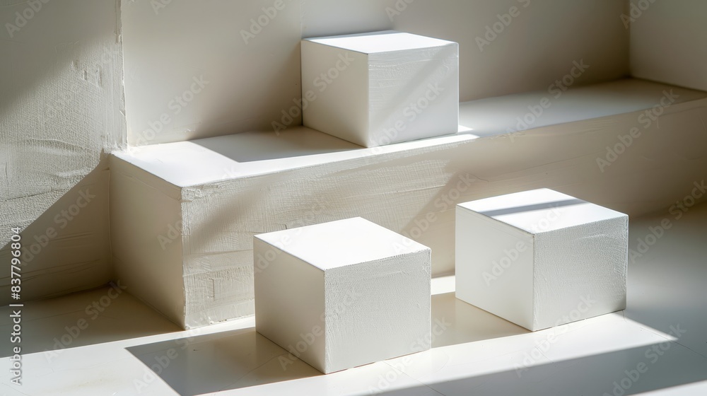 Three white cubes stacked on a white floor One cube casts a shadow on the floor, adjacent to a white wall Three white cubes stacked on a white floor One cube casts a shadow on the floor, adjacent to a white wall