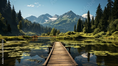 A serene lakeside scene with a wooden dock extending into calm, mirror-like waters, surrounded by dense forests and mountains in the background. Minimal and Simple,