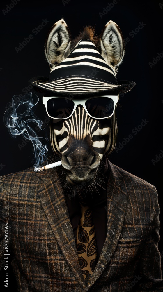 Naklejka premium Zebra in suit, hat and smoking on black background
