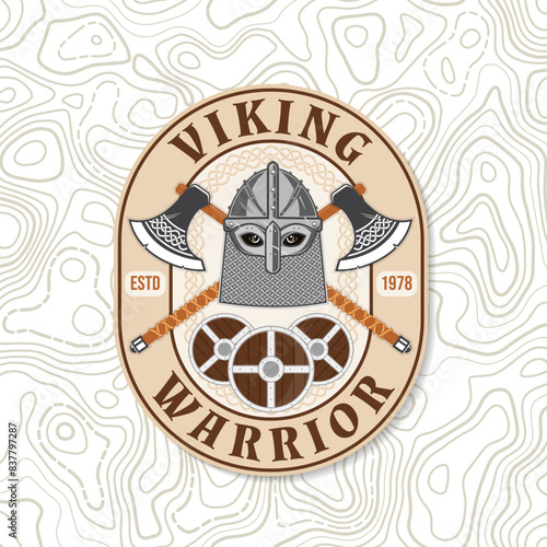 Viking warrior logo, badge, sticker. Vector illustration. For emblems, labels and patch. Patch design heraldic shield with a viking in helmet with crossed axe