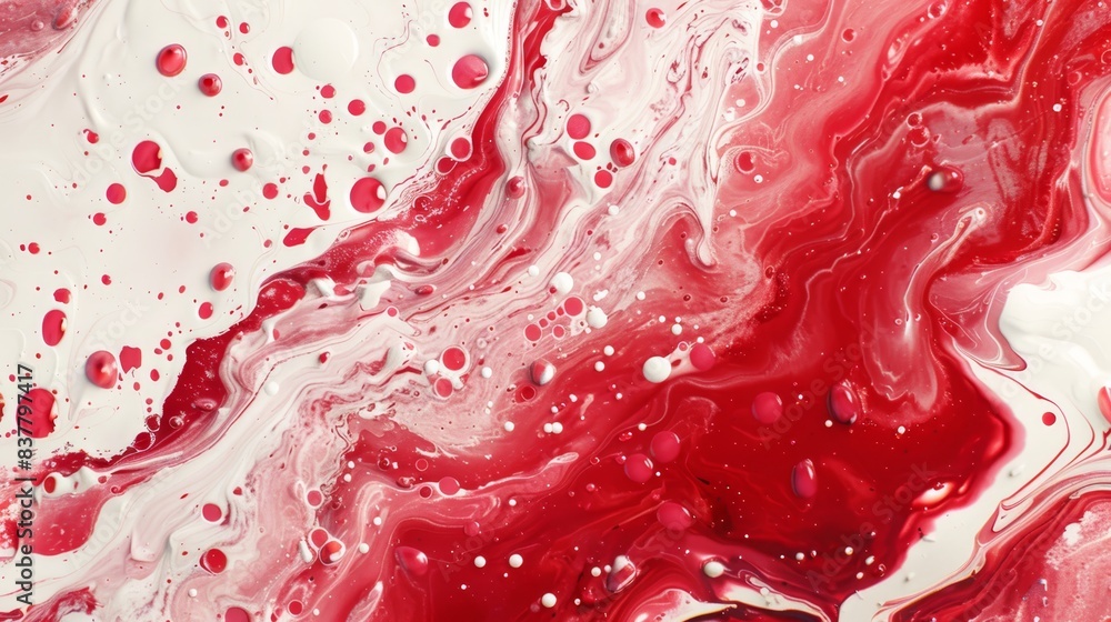 A tight shot of a red and white textured background with water drops on the left sides - one each A tight shot of a red and white textured background with water drops on the left sides - one each