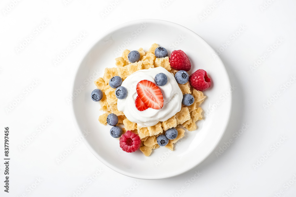 Waffles with Whipped Cream and Berries on White Plate Waffles with Whipped Cream and Berries on White Plate