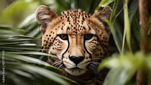 Close up of a cheetah hide on the leafs
