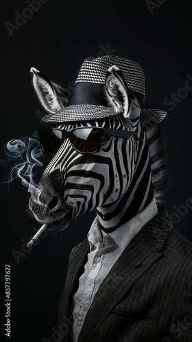 Zebra in suit, hat and smoking on black background