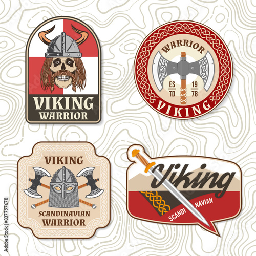 Set of viking warrior logos, badges, stickers. Vector illustration. For emblems, labels and patch. Patch design heraldic shield with a viking in helmet with crossed battle sword and axe