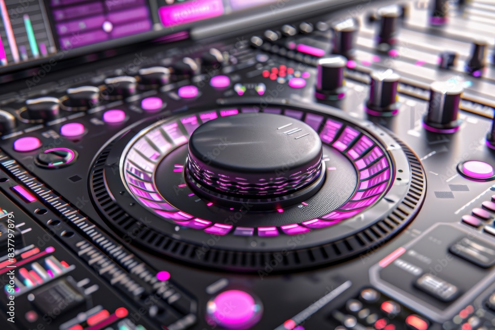 Close-up of an illuminated DJ controller with vibrant pink and purple LED lights, highlighting various buttons and knobs in a futuristic design. Close-up of an illuminated DJ controller with vibrant pink and purple LED lights, highlighting various buttons and knobs in a futuristic design.