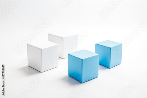 Minimalist Composition of White and Blue Cubes on a White Background