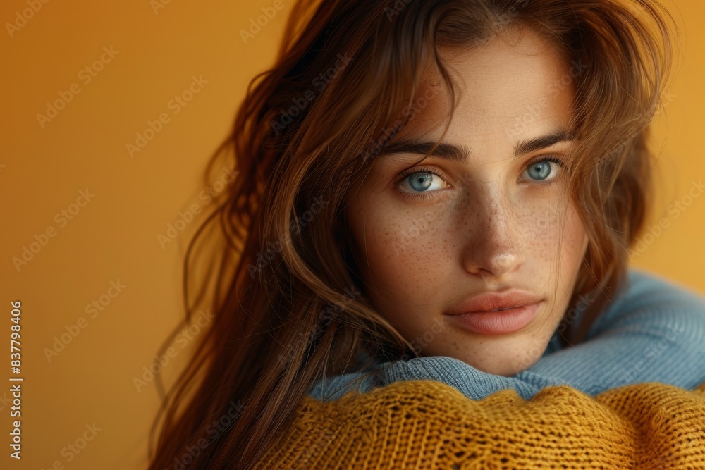 Freckled woman in yellow sweater with blue eyes Freckled woman in yellow sweater with blue eyes