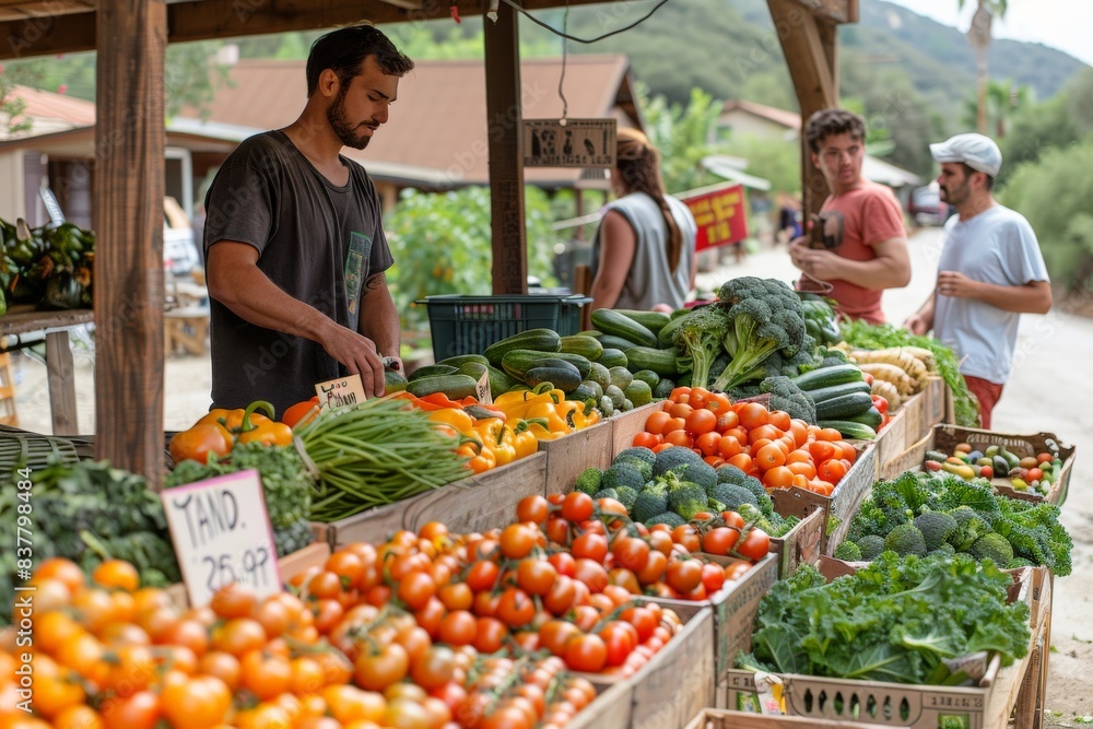 Local Food Vendors A bustling farmers market where people are purchasing fresh, locally sourced vegetables and fruits. The image should highlight sustainable food practices and the community aspect Local Food Vendors A bustling farmers market where people are purchasing fresh, locally sourced vegetables and fruits. The image should highlight sustainable food practices and the community aspect