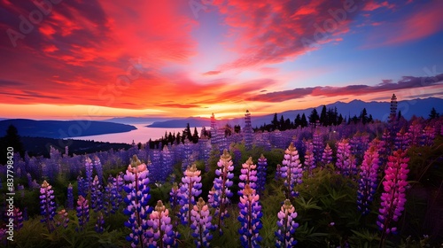 Panoramic view of lupine flowers at sunset in summer © Iman