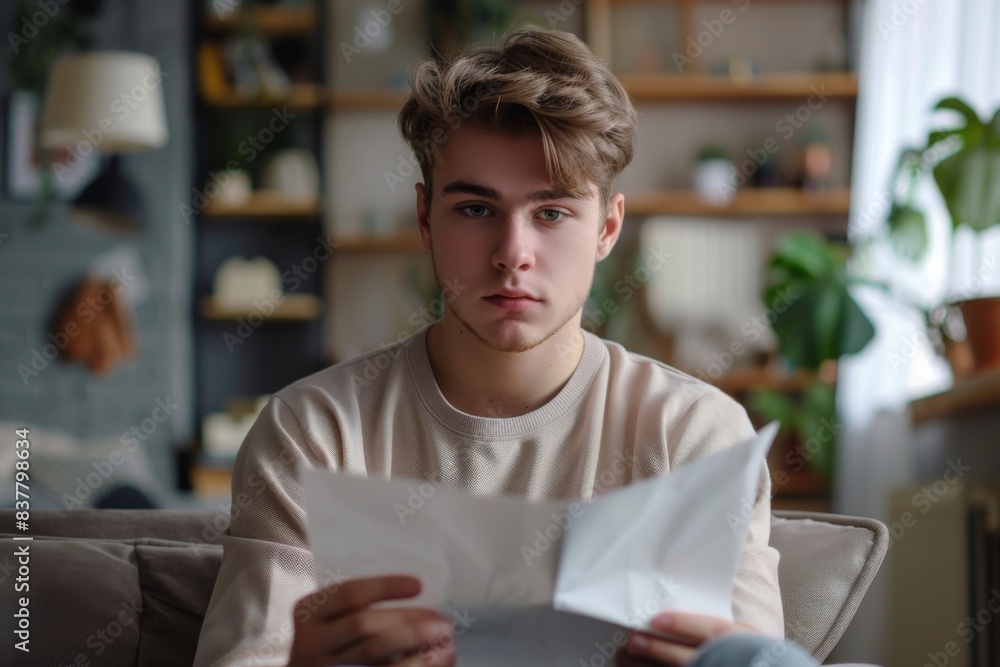 Fototapeta premium Man sitting couch reading paper