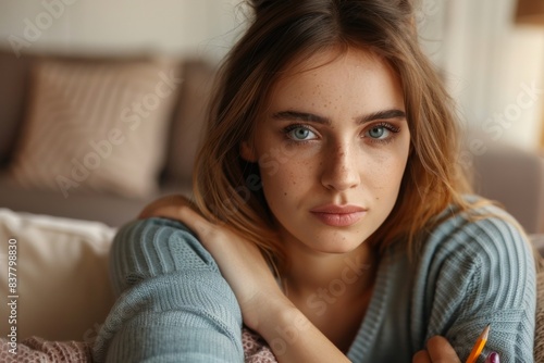 Woman on sofa holding pencil