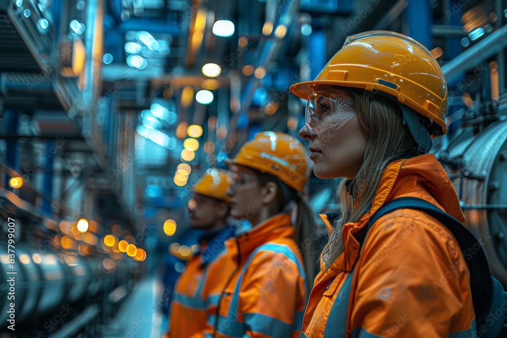 Industrial-Scale Climate Solutions Workers at a biomass energy plant overseeing the production process. The image should depict the industrial-scale solutions for climate issues and the role of Industrial-Scale Climate Solutions Workers at a biomass energy plant overseeing the production process. The image should depict the industrial-scale solutions for climate issues and the role of