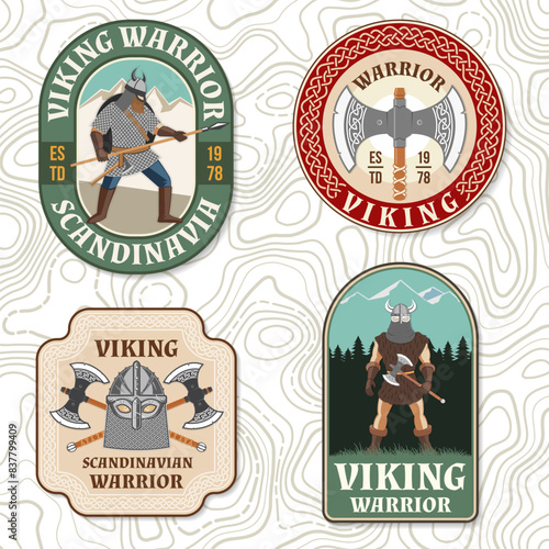 Set of viking warrior logos, badges, stickers. Vector illustration. For emblems, labels and patch. Patch design heraldic shield with a viking in helmet with crossed battle sword and axe