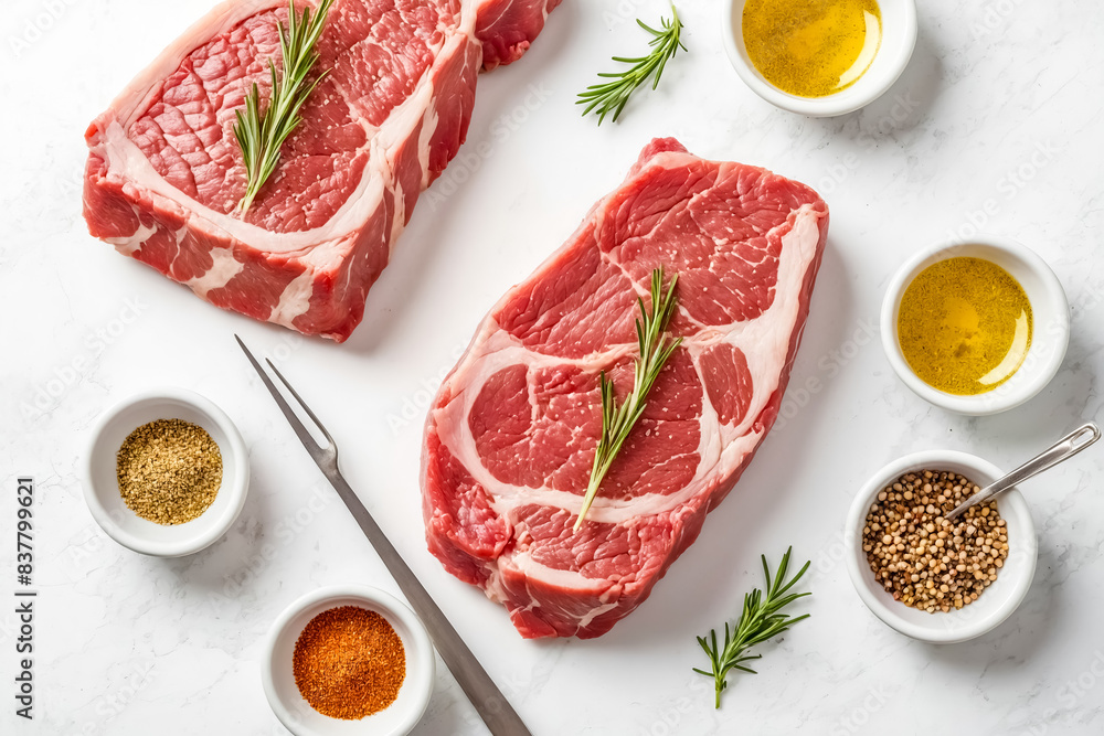 Raw Beef Steaks with Spices and Herbs on Marble Background Raw Beef Steaks with Spices and Herbs on Marble Background