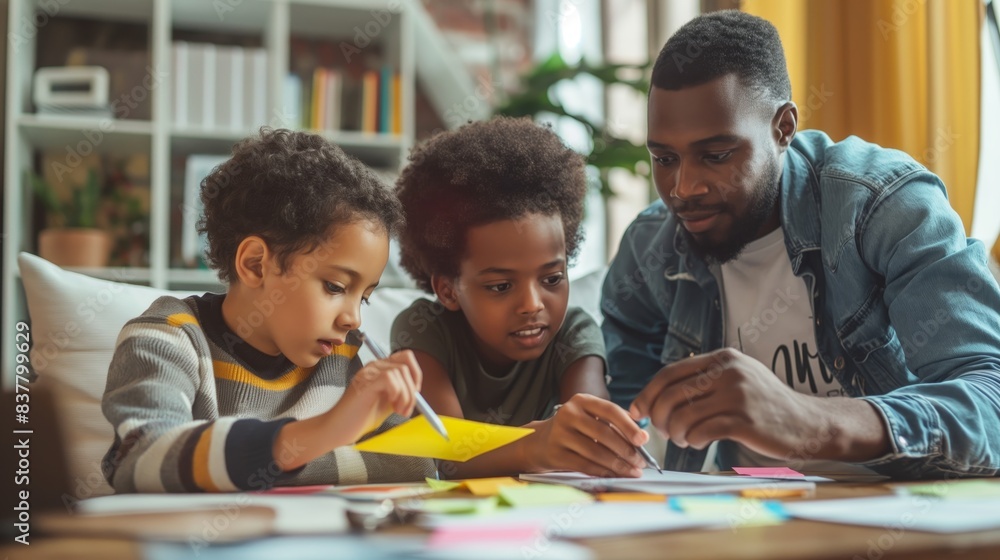 Smiling family assisting a child with paper crafts, showing teamwork and shared learning at a cozy table Smiling family assisting a child with paper crafts, showing teamwork and shared learning at a cozy table
