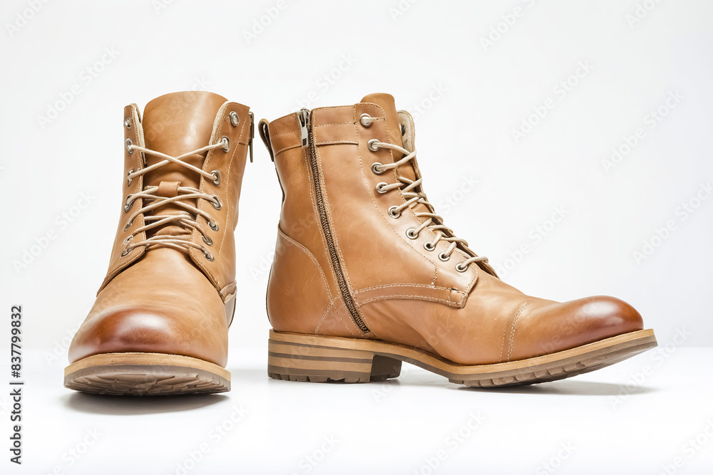 Pair of Light Brown Leather Boots with Zipper Detail Pair of Light Brown Leather Boots with Zipper Detail