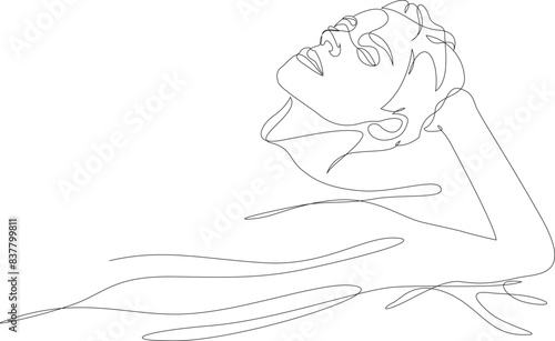 Person floating in water, taking spa bath continuous one line drawing. Concept of beauty treatments, self care, sensory deprivation. Vector illustration. Editable stroke.