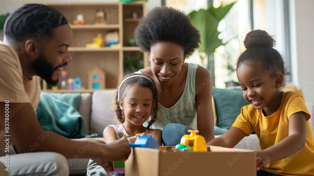 Cheerful family playing with toys, displaying moments of joy and close bonding in a homely setting Cheerful family playing with toys, displaying moments of joy and close bonding in a homely setting