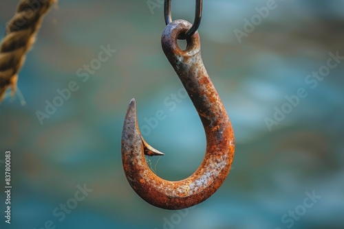 Rusty hook on rope with blue backdrop