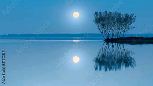  A large body of water houses a solitary tree, a full moon rises above, casting tranquil reflections In the heart lies an isle