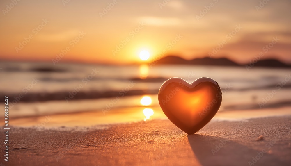 Fototapeta premium Heart-shaped stone resting on the beach as the sun rises, casting a warm glow over the scene. The soft light enhances the romantic atmosphere, reflecting themes of love and tranquility. 