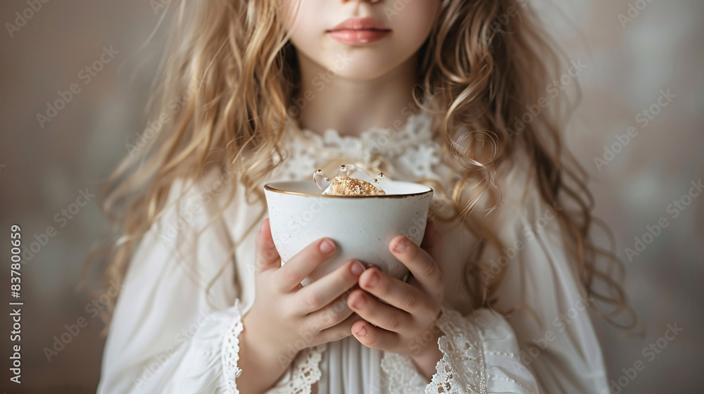 Child in a white dress holding a cup of grape juice and a piece of unleavened bread during first communion Child in a white dress holding a cup of grape juice and a piece of unleavened bread during first communion