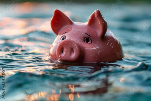 Floating pink pig in water